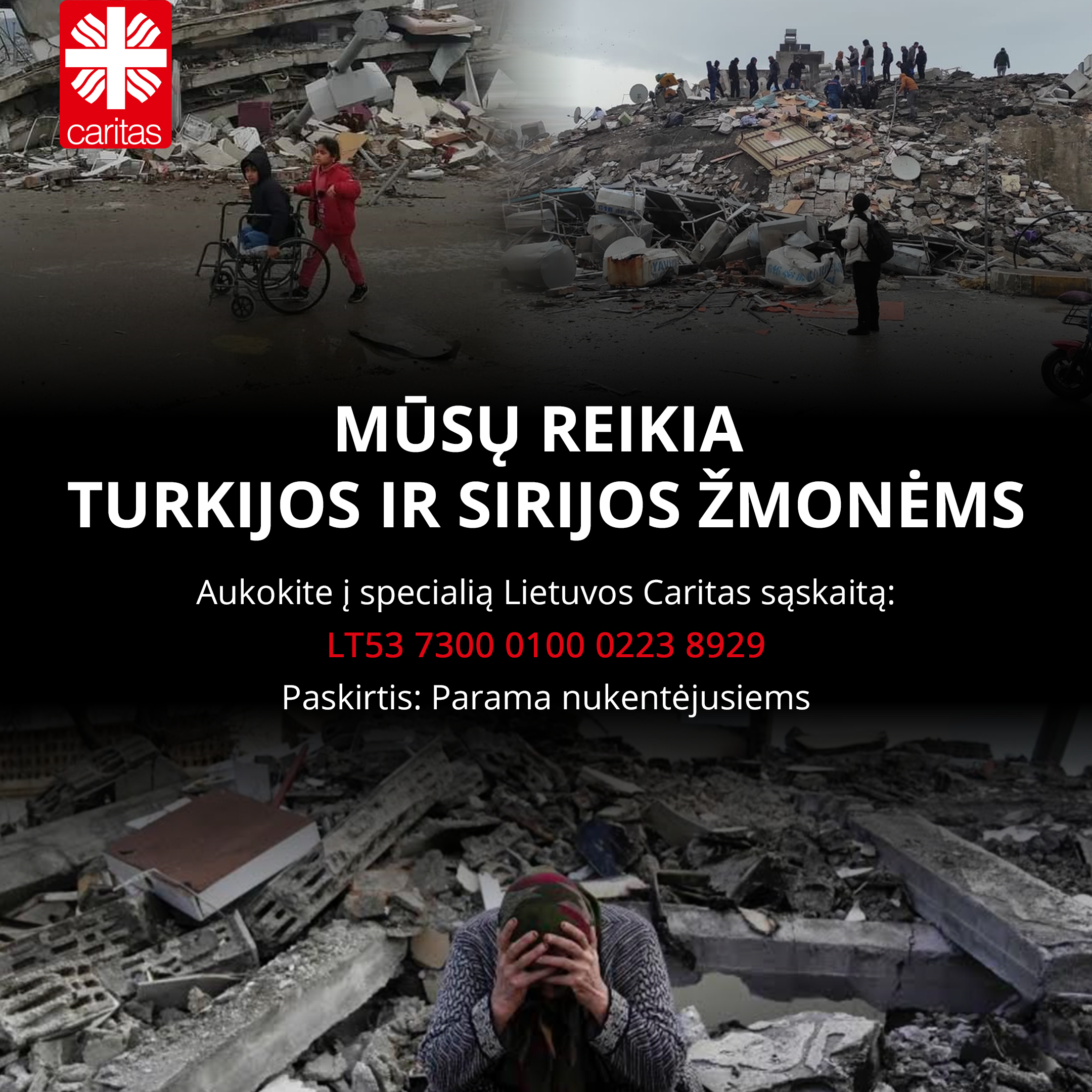 Nukentėjusiems Turkijoje ir Sirijoje paremti – speciali Lietuvos Caritas sąskaita